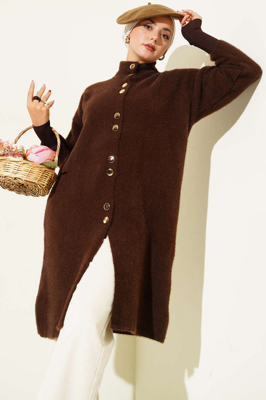 Metal Düğmeli Sakallı Hırka Kahve