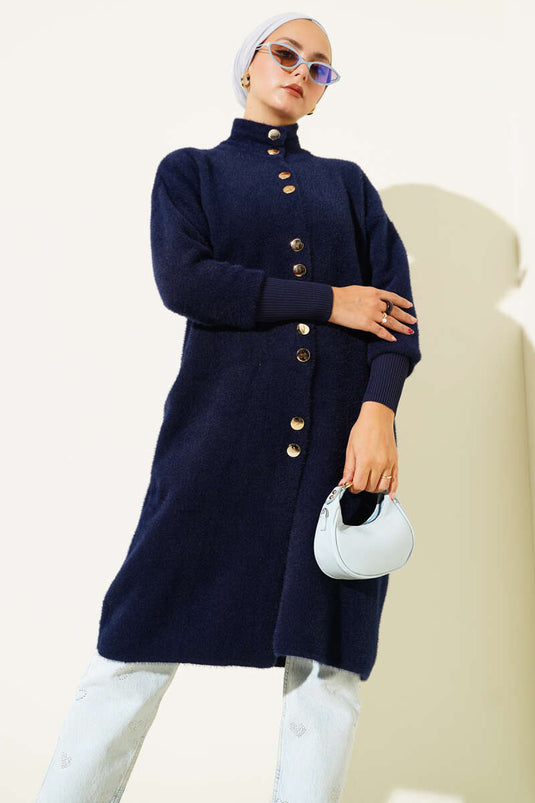 Metal Düğmeli Sakallı Hırka Lacivert