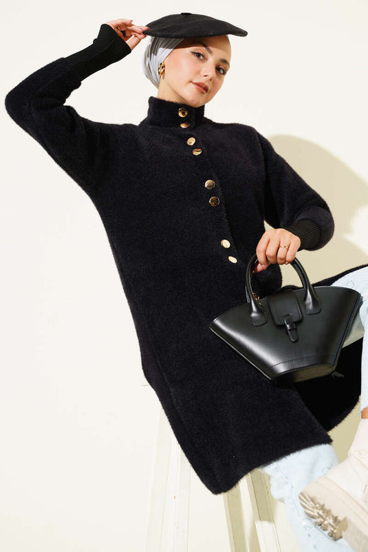 Bearded Cardigan with Metal Buttons, Black