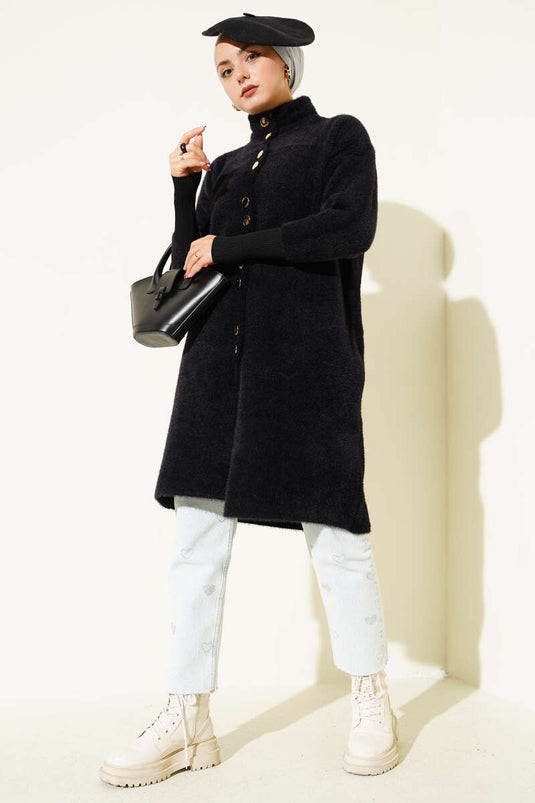 Bearded Cardigan with Metal Buttons, Black