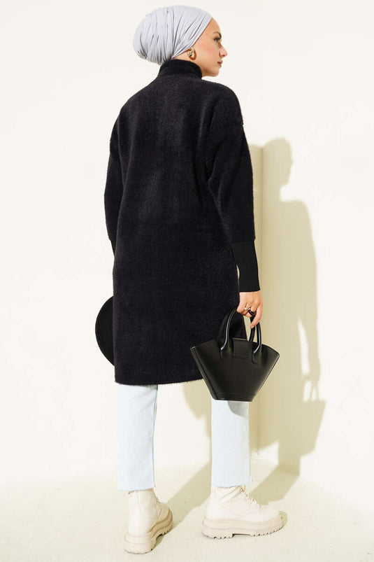 Bearded Cardigan with Metal Buttons, Black