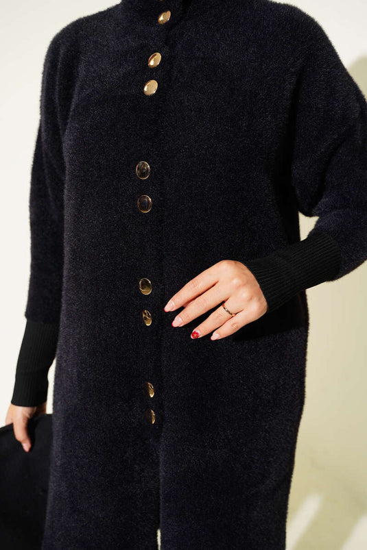 Bearded Cardigan with Metal Buttons, Black