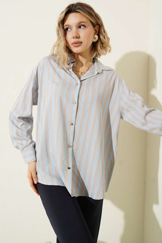 Loose Striped Shirt with Metal Buttons Blue