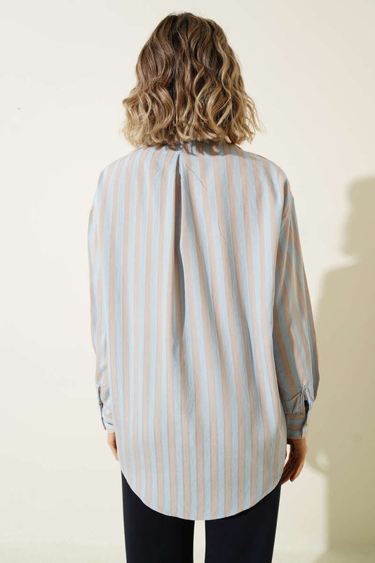 Loose Striped Shirt with Metal Buttons Blue