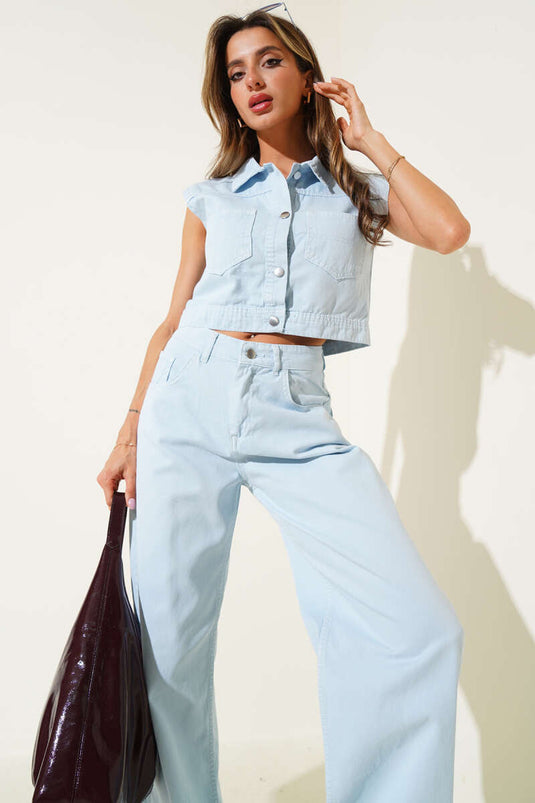 Zweiteiliges Jeans-Set mit Weste mit Metallknöpfen, Blau