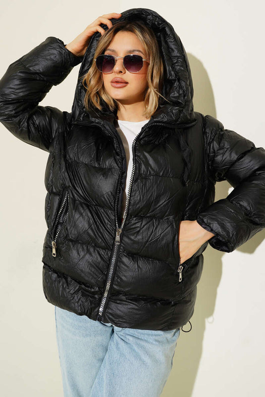Black Puffy Jacket with Metal Zipper