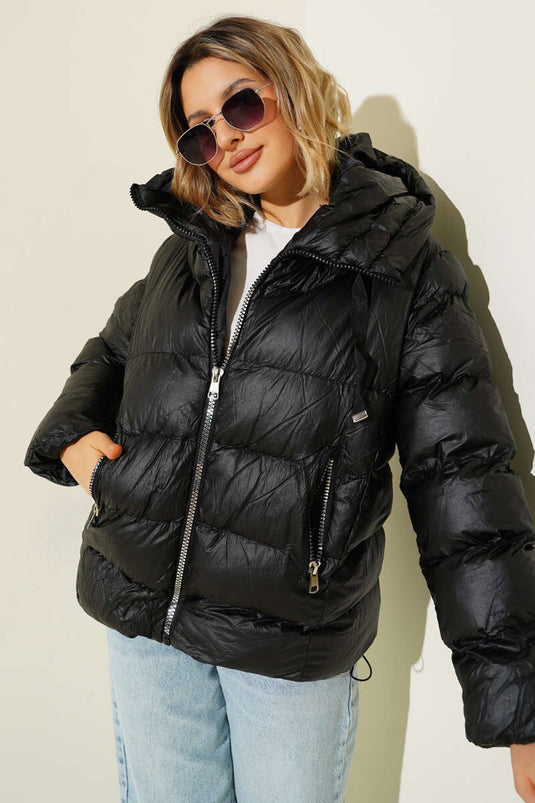 Black Puffy Jacket with Metal Zipper