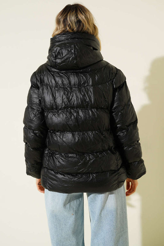 Black Puffy Jacket with Metal Zipper