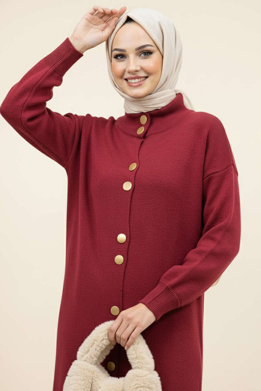 Long Knitted Cardigan with Metal Gold Buttons, Burgundy
