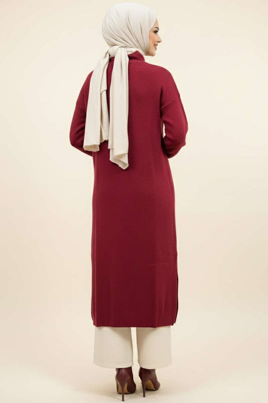 Long Knitted Cardigan with Metal Gold Buttons, Burgundy