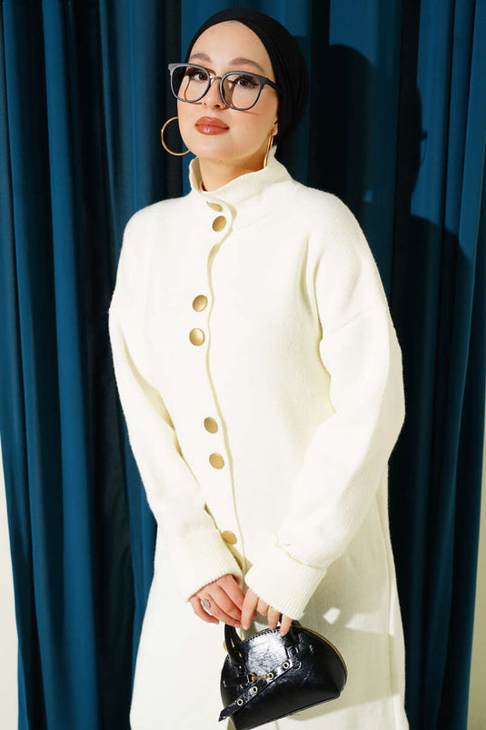 Long Knitted Cardigan with Metal Gold Buttons, Ecru