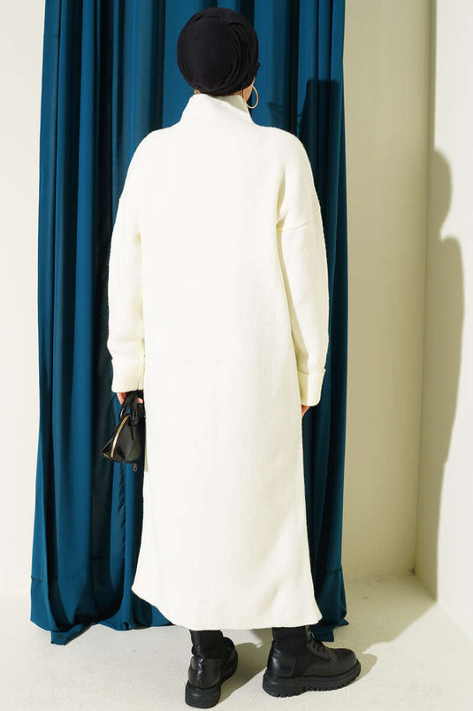 Long Knitted Cardigan with Metal Gold Buttons, Ecru