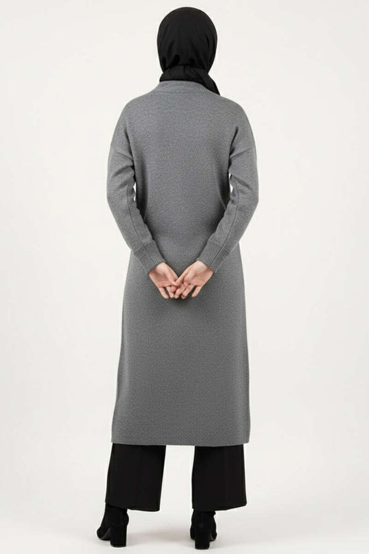 Metal Gold Buttoned Long Knitted Cardigan, Smoke Grey