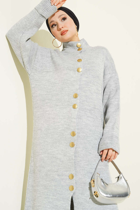 Metal Gold Buttoned Long Knitted Cardigan Gray