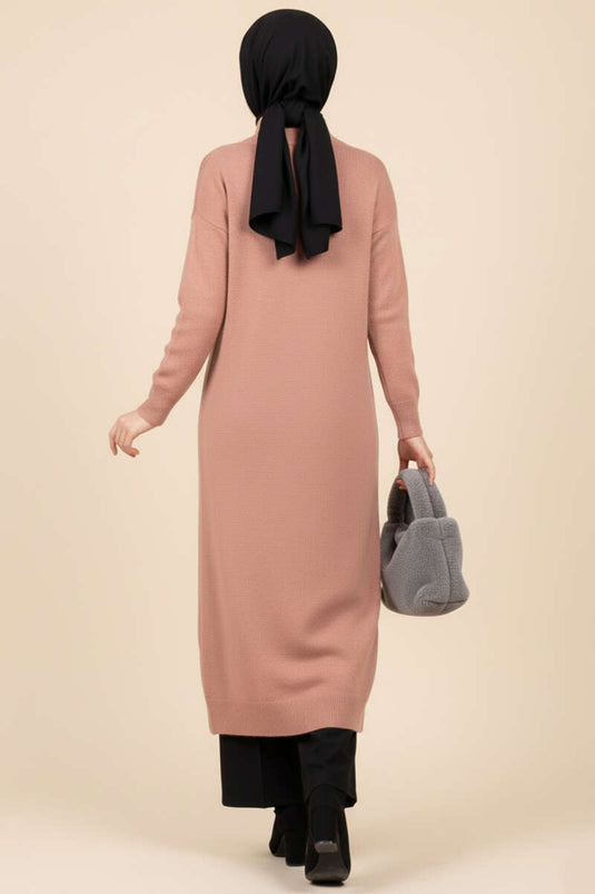 Lange Gebreide Cardigan Met Gouden Metalen Knopen, Roze