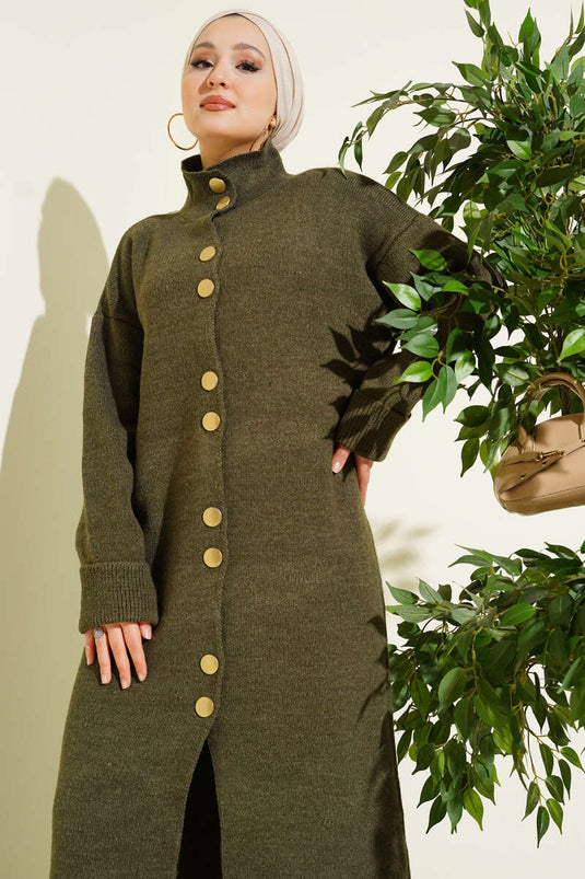 Long Knitted Cardigan Khaki with Metal Gold Buttons