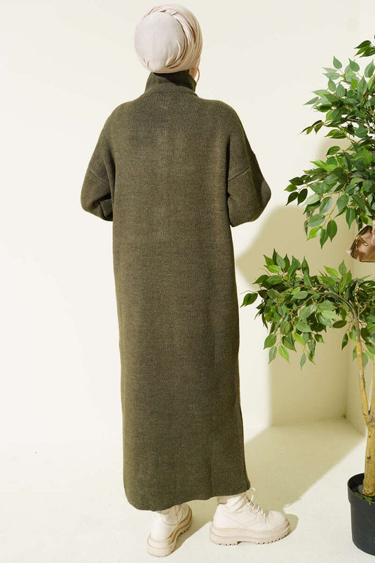 Long Knitted Cardigan Khaki with Metal Gold Buttons