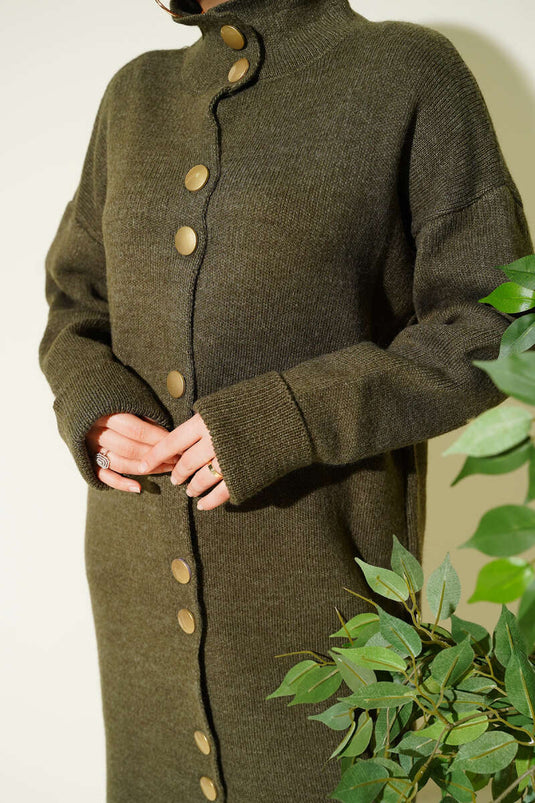 Long Knitted Cardigan Khaki with Metal Gold Buttons