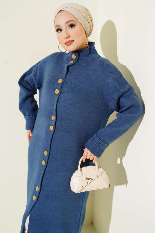 Long Knitted Cardigan with Metal Gold Buttons in Indigo