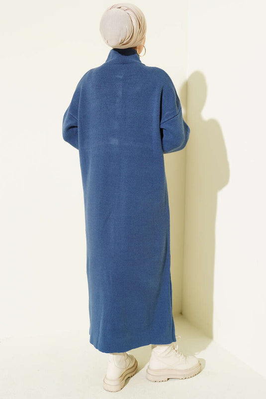 Long Knitted Cardigan with Metal Gold Buttons in Indigo