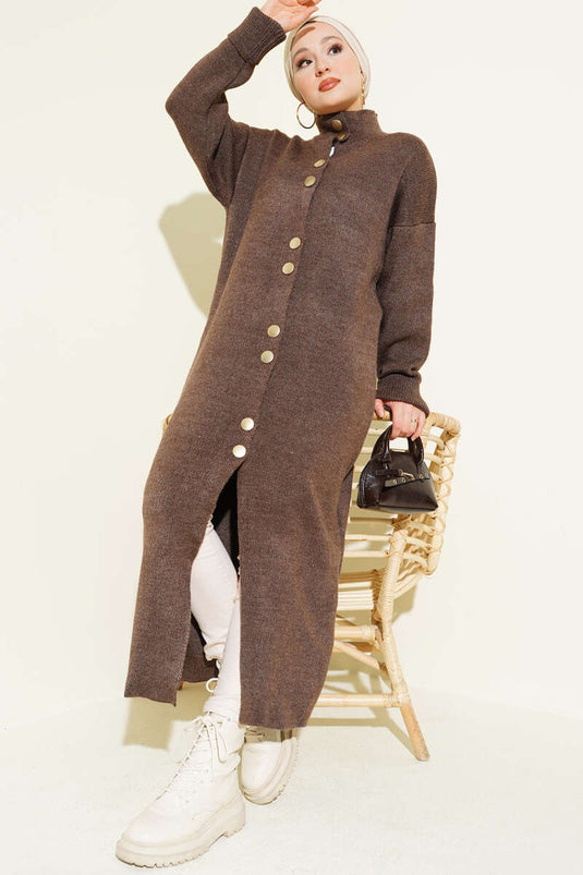 Long Knitted Cardigan with Metal Gold Buttons, Brown