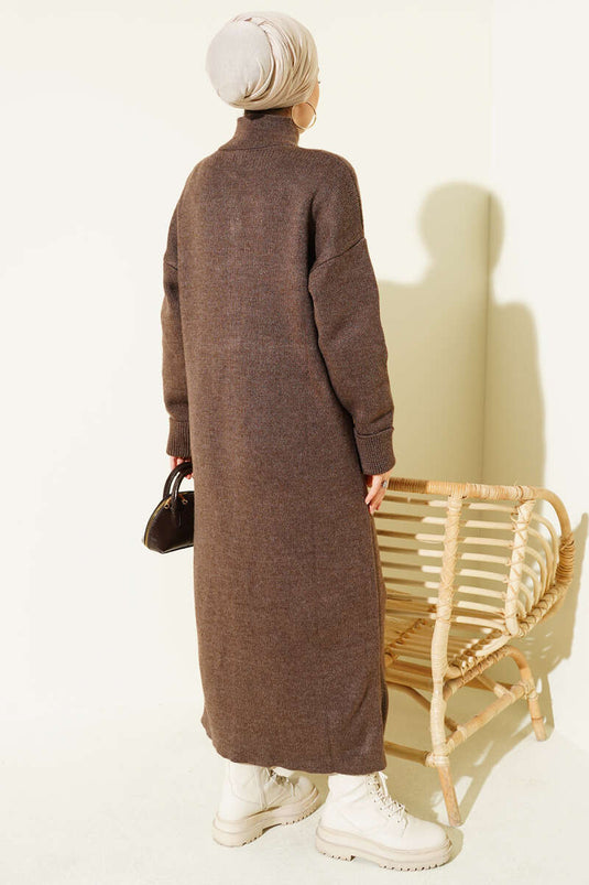 Long Knitted Cardigan with Metal Gold Buttons, Brown