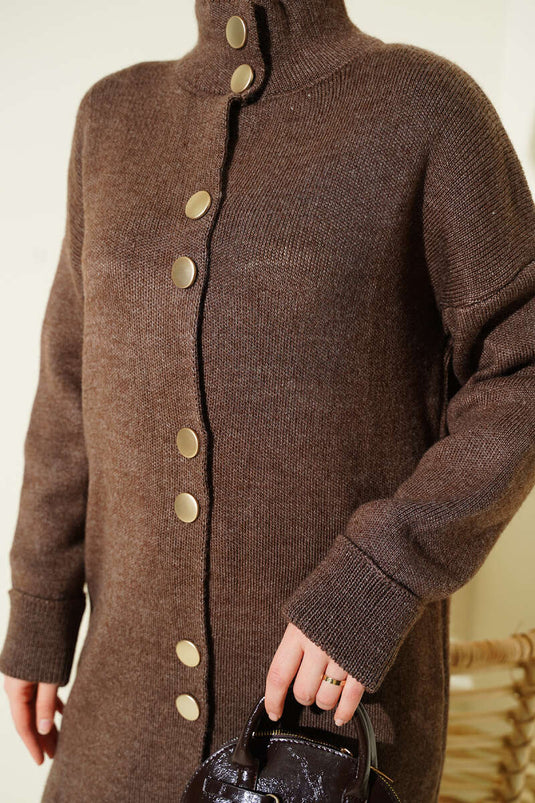 Long Knitted Cardigan with Metal Gold Buttons, Brown