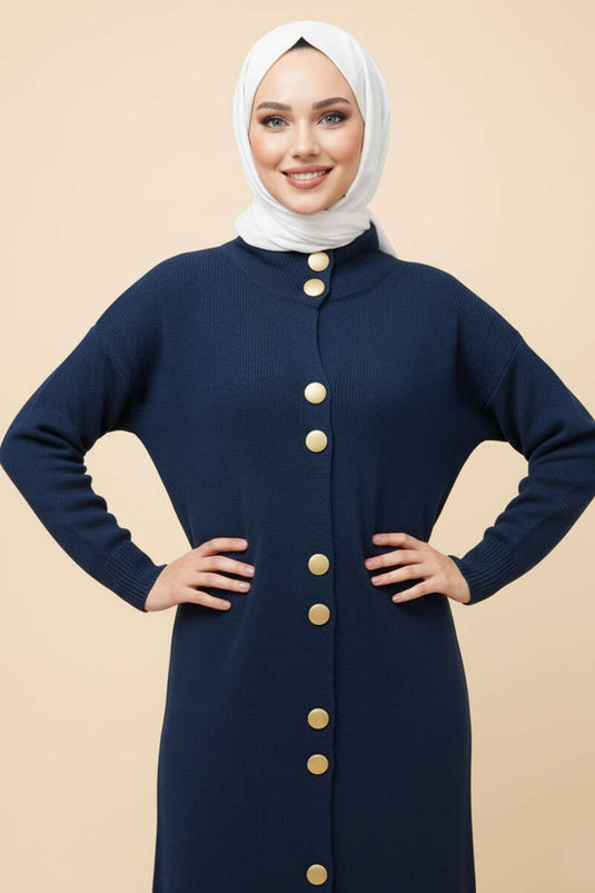 Langer Strickcardigan mit goldfarbenen Metallknöpfen, Marineblau