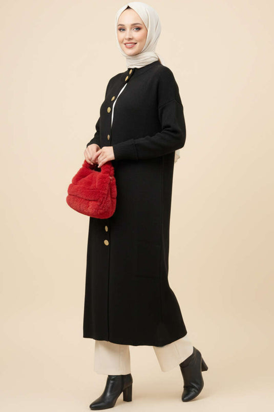 Gilet long en maille avec boutons métalliques dorés, noir