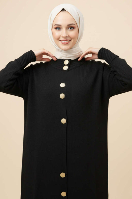 Langer Strickcardigan mit goldfarbenen Metallknöpfen, Schwarz