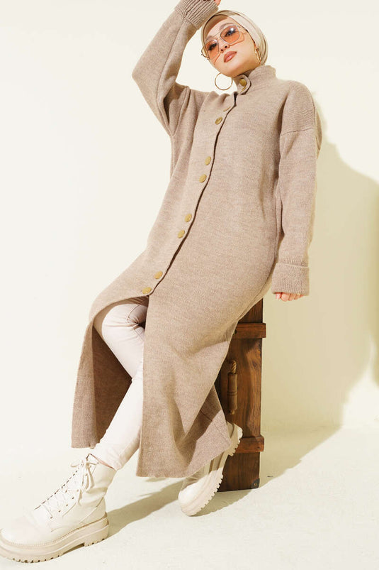 Long Knitted Cardigan Mink with Metal Gold Buttons