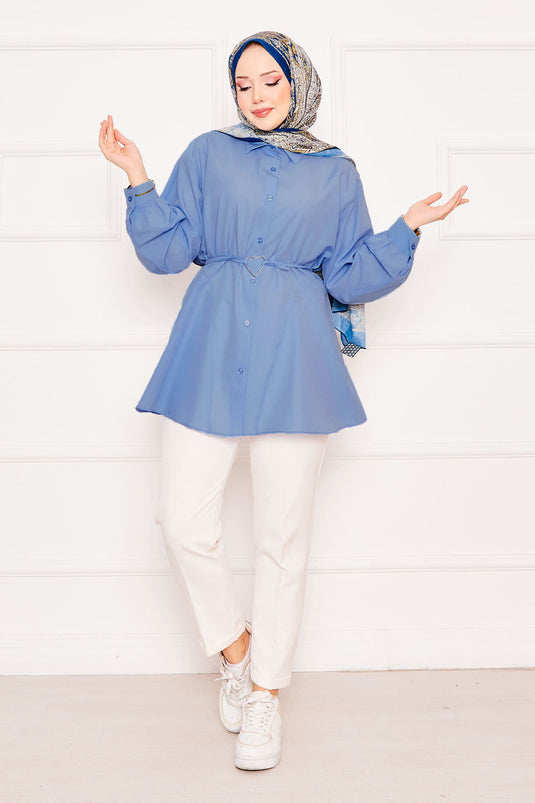 Metal Kalp Figürüyle Bağcıklı Terikoton Gömlek Tunik Bebe Mavisi