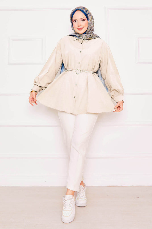 Tunique chemise à lacets Terikoton beige avec motif cœur en métal