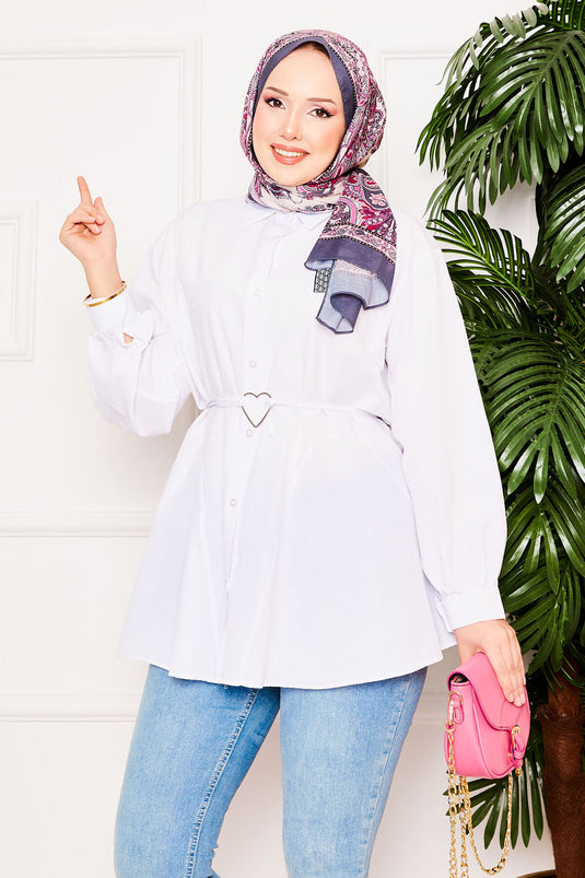 Metal Kalp Figürüyle Bağcıklı Terikoton Gömlek Tunik Beyaz