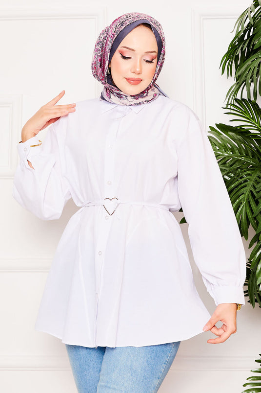 Lace-Up Terikoton Shirt Tunic with Metal Heart Figure White