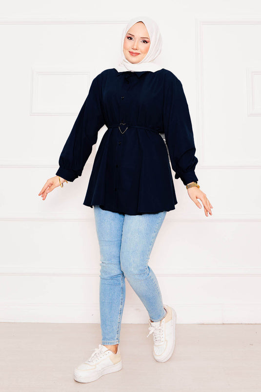 Tunique chemise en Terikoton à lacets avec motif cœur en métal bleu marine