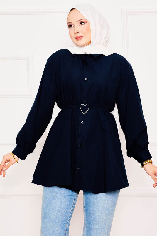 Tunique chemise en Terikoton à lacets avec motif cœur en métal bleu marine