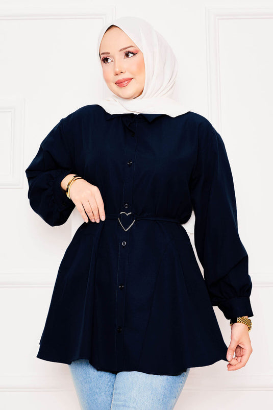 Tunique chemise en Terikoton à lacets avec motif cœur en métal bleu marine