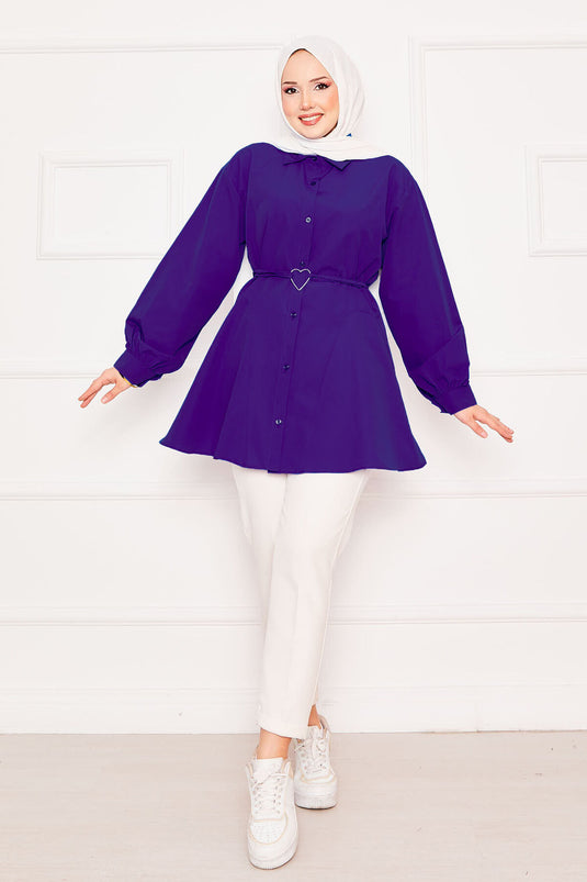 Purple Terikoton Shirt Tunic with Lace-Up and Metal Heart Figure