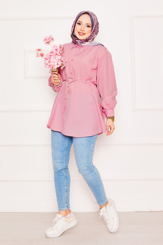 Laced Terikoton Shirt Tunic Powder with Metal Heart Figure