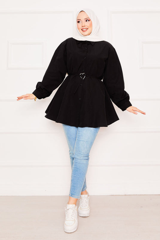 Metal Kalp Figürüyle Bağcıklı Terikoton Gömlek Tunik Siyah