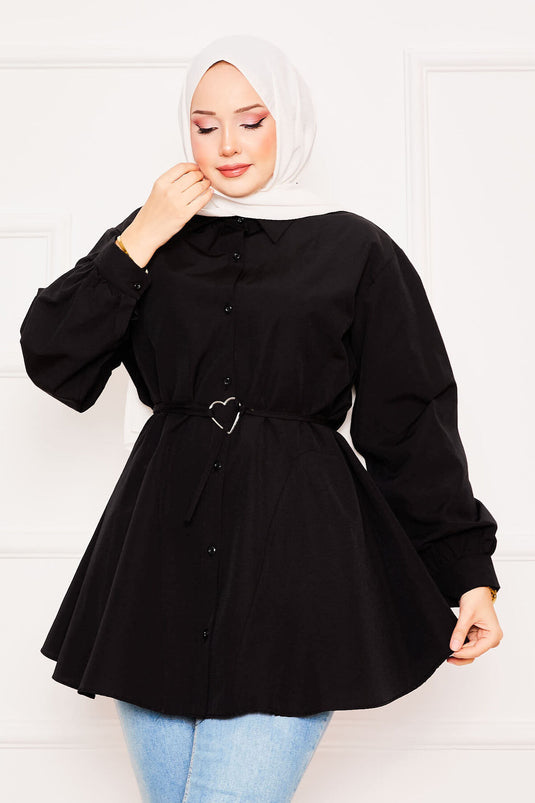 Metal Kalp Figürüyle Bağcıklı Terikoton Gömlek Tunik Siyah