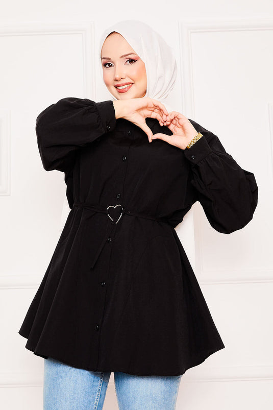 Metal Kalp Figürüyle Bağcıklı Terikoton Gömlek Tunik Siyah