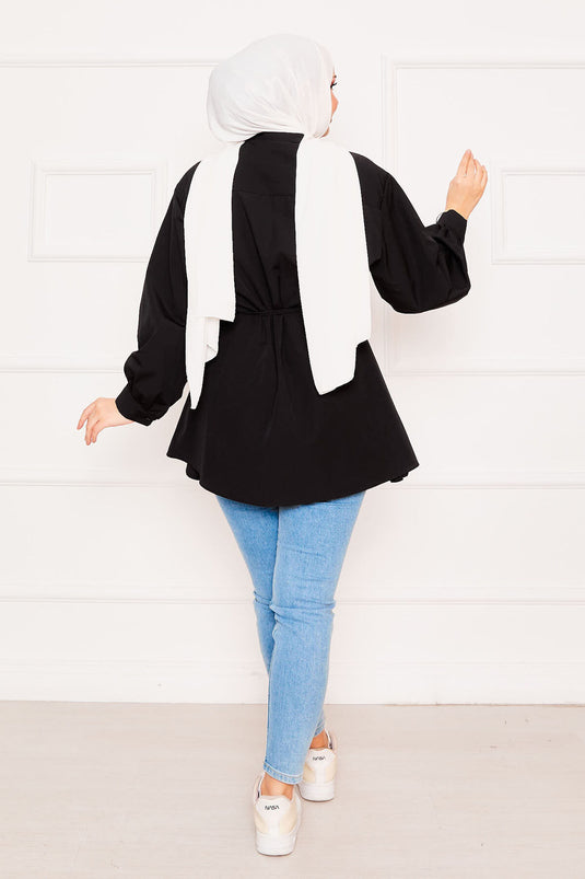 Metal Kalp Figürüyle Bağcıklı Terikoton Gömlek Tunik Siyah