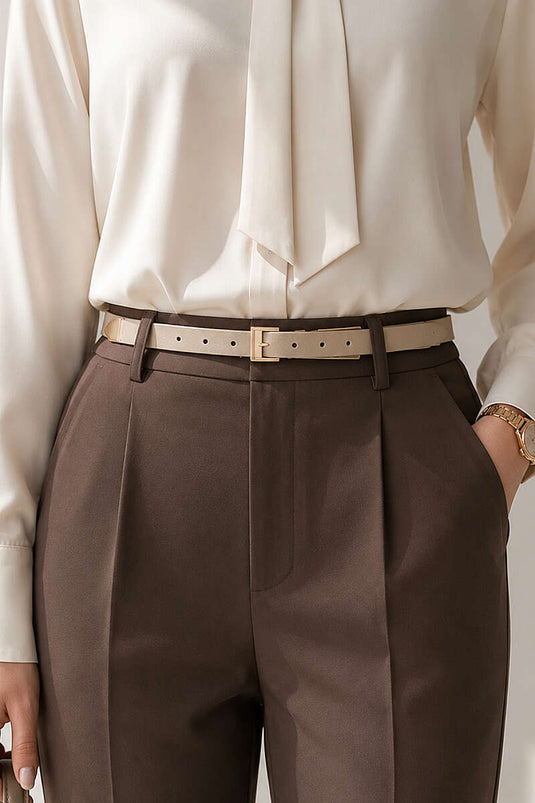 Ceinture Fine À Boucle Carrée En Métal Beige