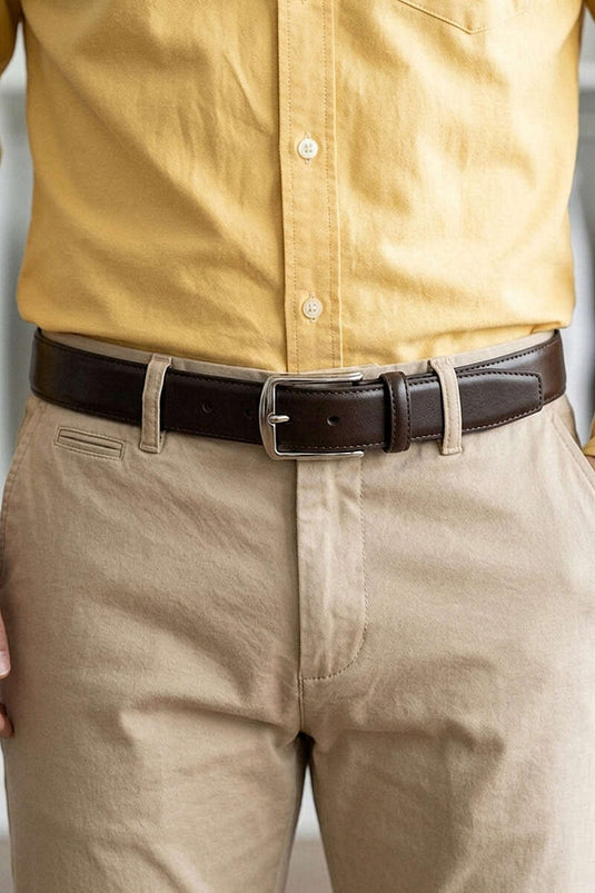 Metal Square Buckle Men's Belt Brown