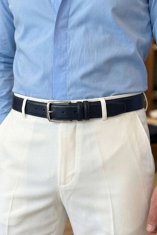 Metal Square Buckle Men's Belt Navy Blue
