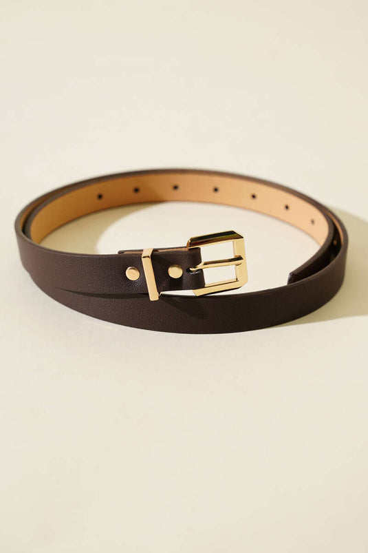 Ceinture fine à boucle carrée en métal marron foncé