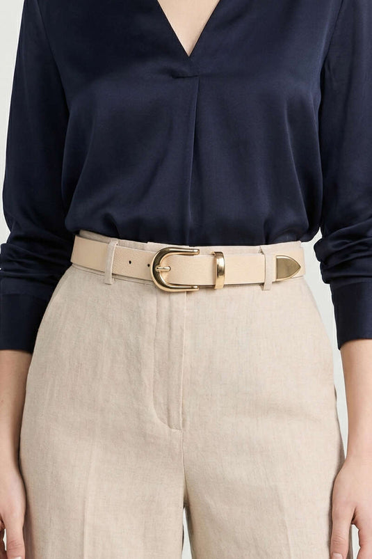 Cintura Beige con Fibbia Ovale in Metallo