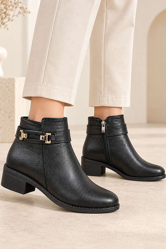 Botines De Mujer De Cuero Negro Con Hebilla Metálica Y Tacón
